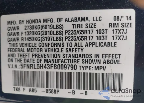 2015 Honda Odyssey Ex z USA, uszkodzony, nr VIN 5FNRL5H43FB009790